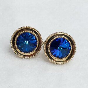 Vintage Rivoli Cufflinks Gold Tone Blue Rhinestone Sparkles